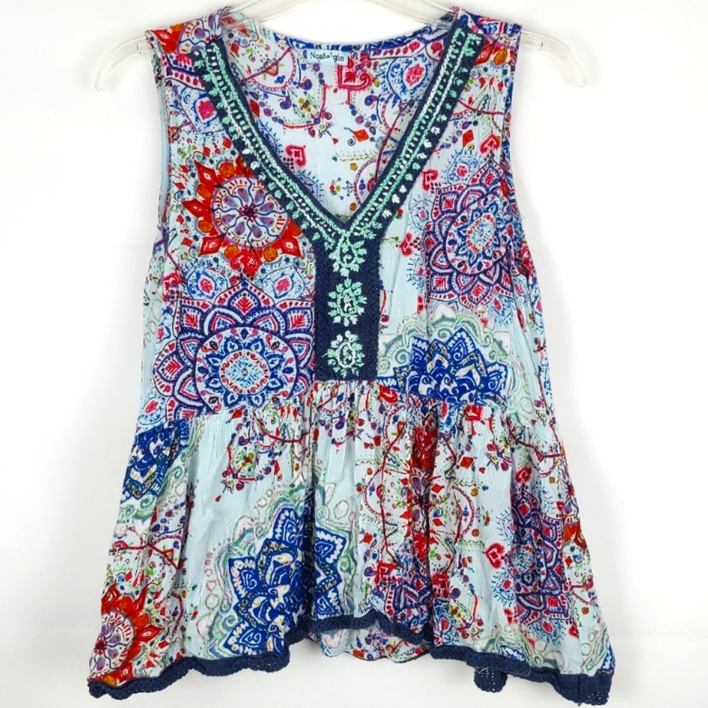 Nostalgia Sleeveless Colorful Floral Blouse Tank Top Womens L Casual Indie